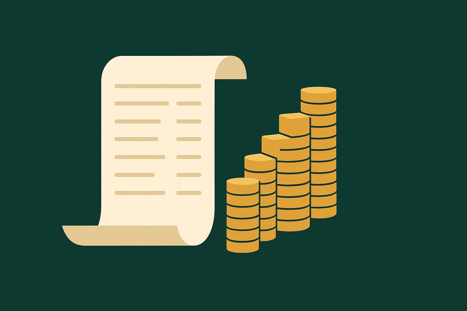Flat illustration of a paper receipt beside a rising staircase of gold coin stacks on a deep green background
