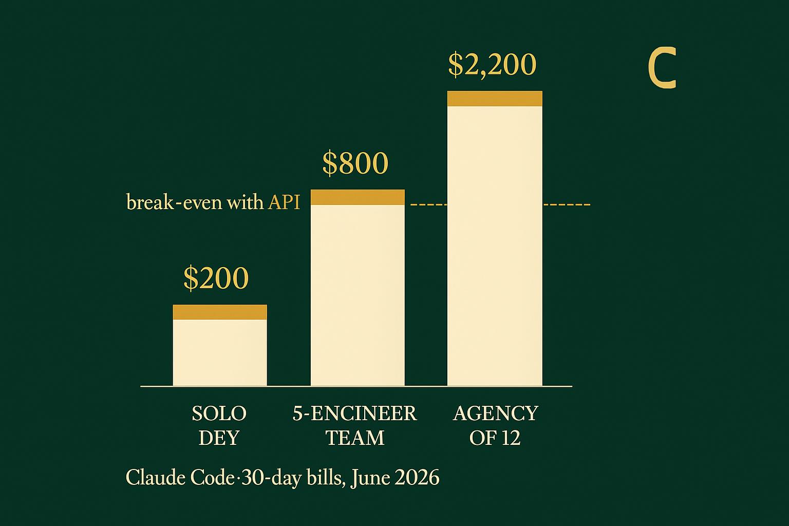 Editorial split-frame chart of three 30-day Claude Code bills for solo dev, five-engineer team, and twelve-contractor agency, June 2026