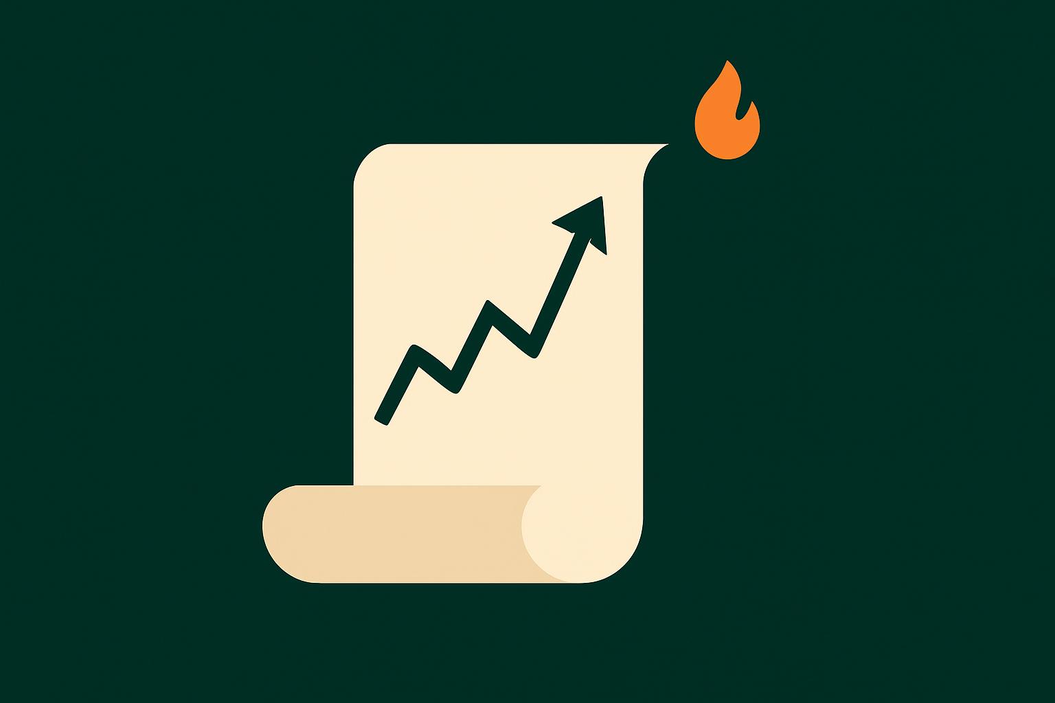 Deep green illustration of an invoice scroll with a sharply rising cost line and an amber flame, symbolizing a Firebase surprise bill
