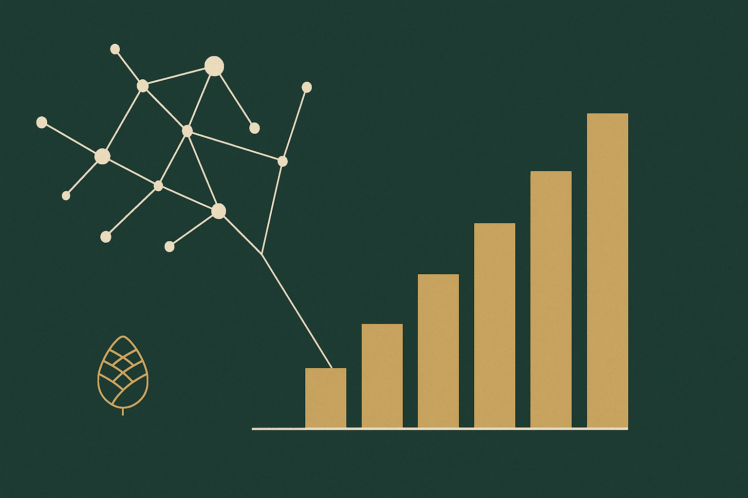 Vector embeddings funneling into a rising cost bar chart, deep green and gold flat illustration