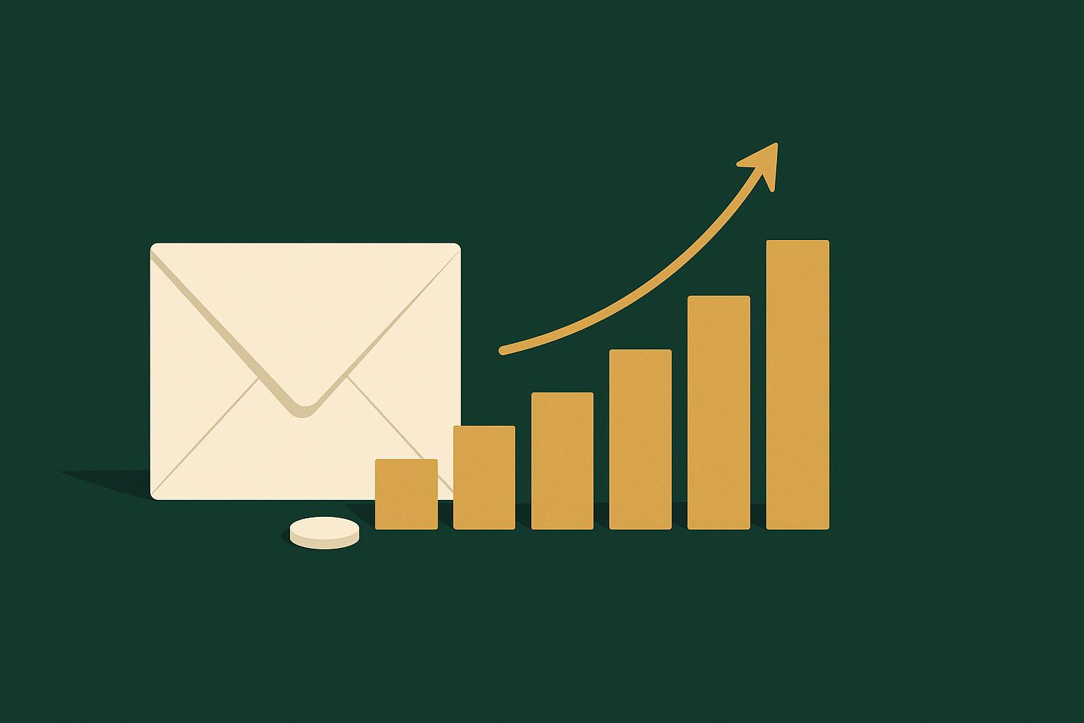 Flat illustration of a cream envelope beside a rising gold cost-bar ladder on a deep green background