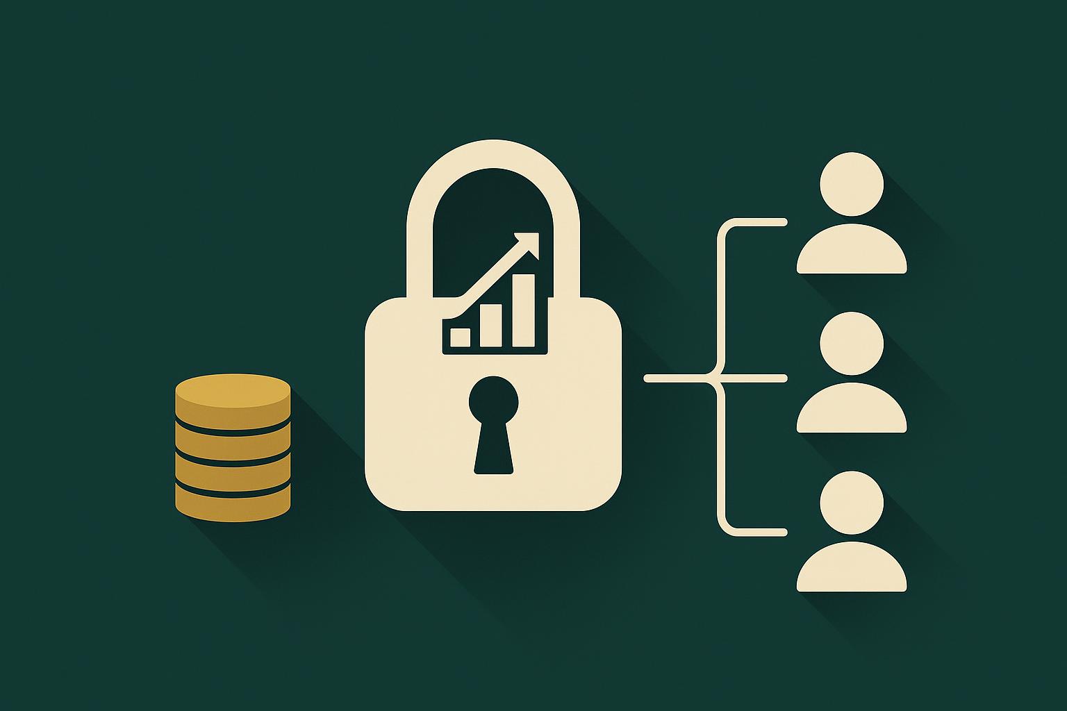 Cream padlock with a rising bar chart inside its shackle, a gold coin stack, and three user silhouettes on a deep green background, symbolizing per-user auth cost.
