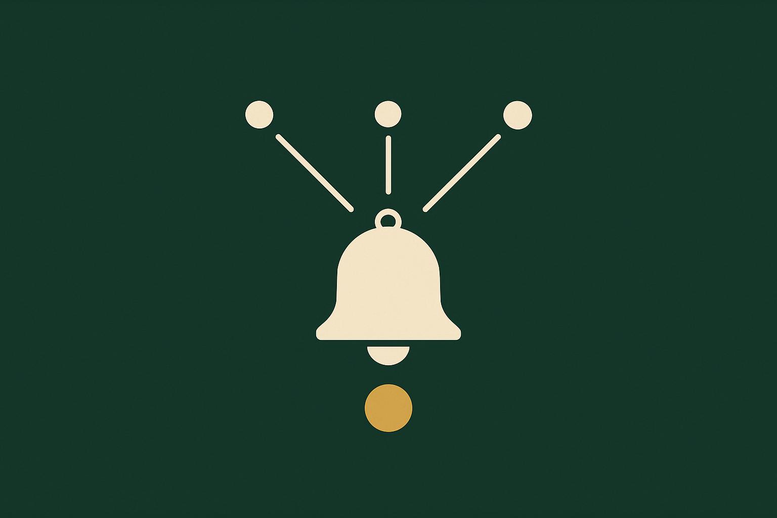 A cream notification bell fanning out to three channel dots above a single gold coin on a deep forest-green background, showing one notification billed once across many channels