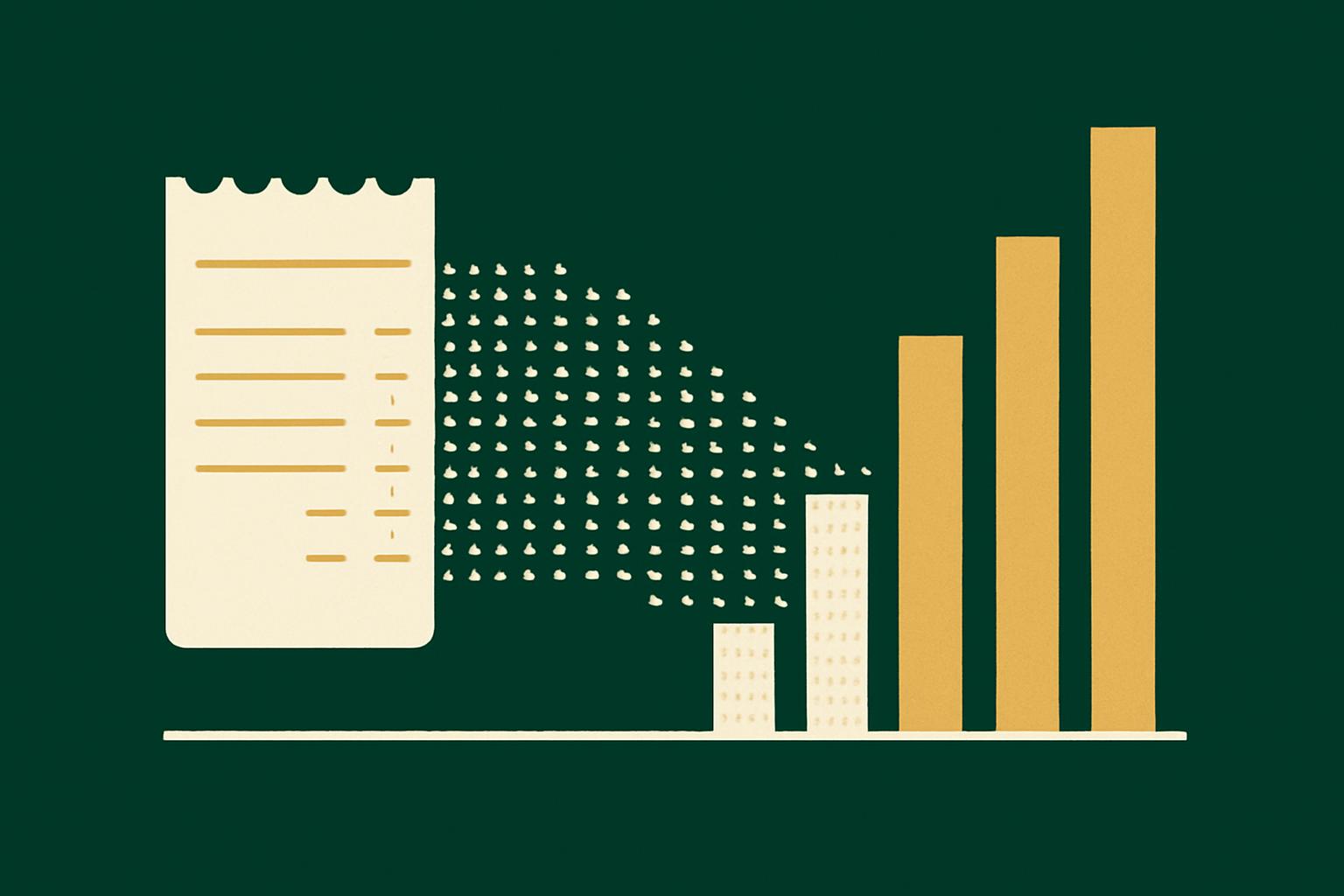 Flat illustration of a receipt emitting a stream of command dots that stack into a rising cost chart, deep green and gold